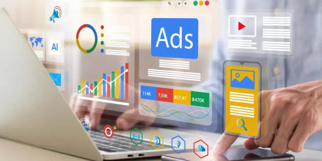 écran ordinateur avec des schémas ads publicités graphiques etc